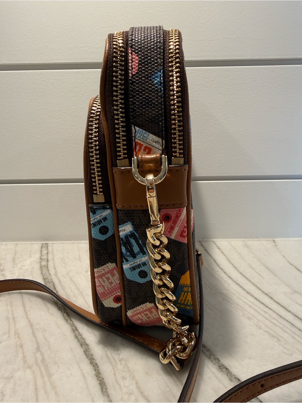 Michael Kors Brown Logo Crossbody with Multicolor Tag Print - Picture 5 of 10